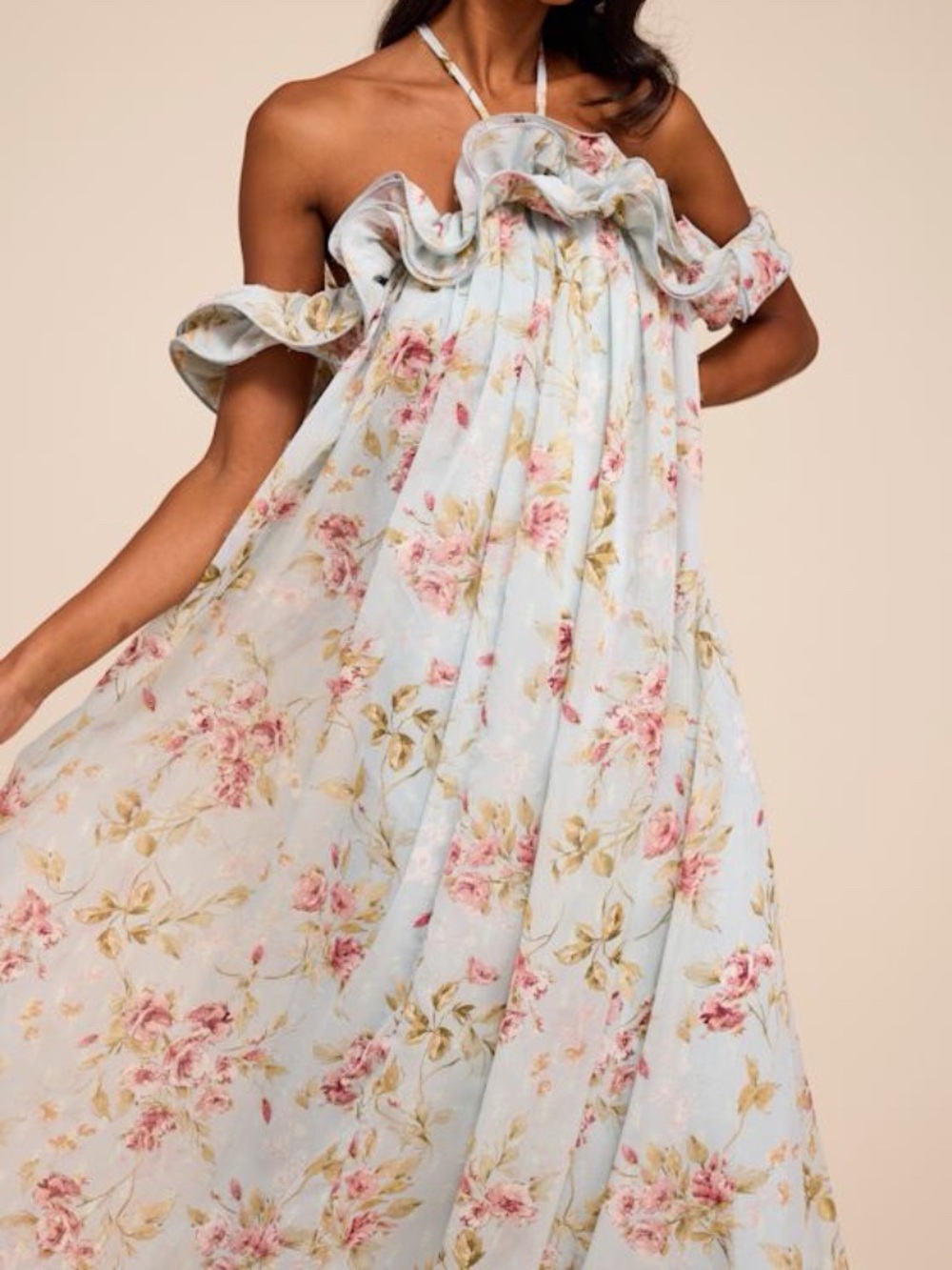 Lulu's Powder Blue Floral Strapless Ruffle Maxi Dress